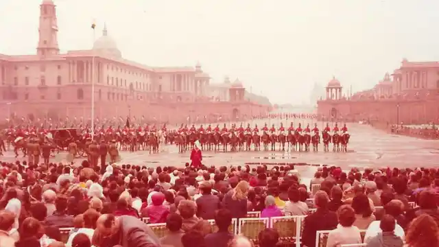 A snapshot of the Beating Retreat at Vijay Chowk, with Raisina Hills in the background. It was a foggy and cloudy day.