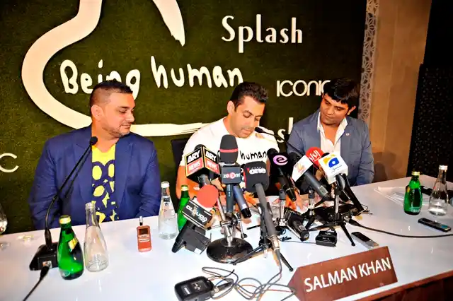 (From left): Raza Being, CEO, Splash & Iconic, Salman Khan, and Manish Mandhana of Mandhana Industries launch the flagship Being Human store in Dubai in 2012. 