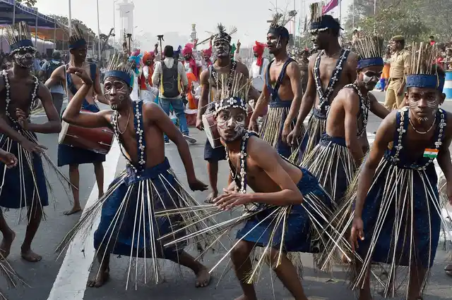 A Sidi Goma tribal group performs during the 69th Republic Day parade at Marina beach in Chennai on Friday, 26 January 2018.