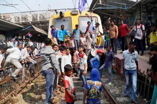 Dalit groups protesting at Thane railway station during the Maharashtra Bandh on Wednesday following clashes between two groups in Bhima Koregaon near Pune.