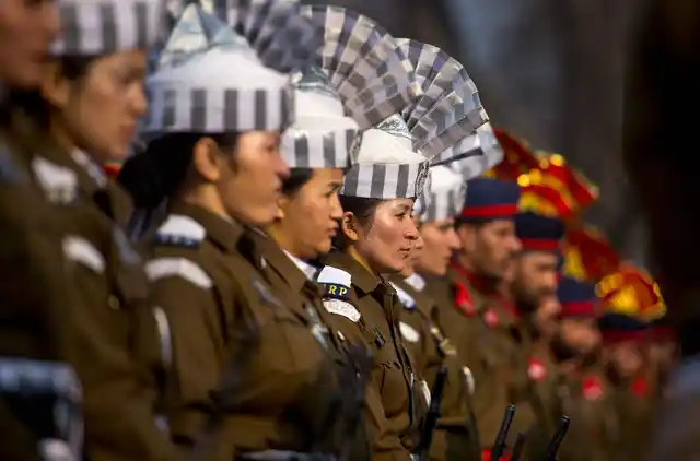 A contingent of Jammu and Kashmir police during the 69th Republic Day parade at Sher-e-Kashmir Cricket stadium in Srinagar on Friday, 26 January 2018.