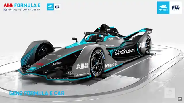 The new-look Formula E racing car gets a ‘halo’ to protect drivers. 