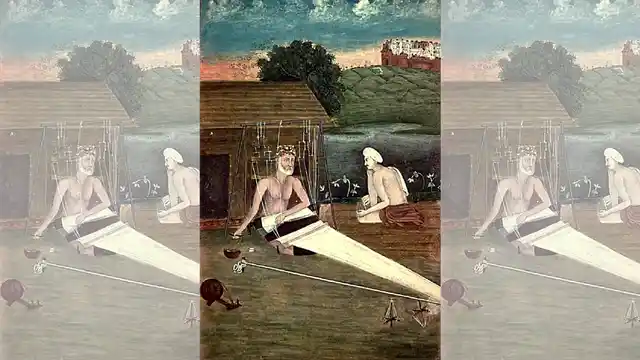 An 1825 CE painting depicting Bhagat Kabir weaving.