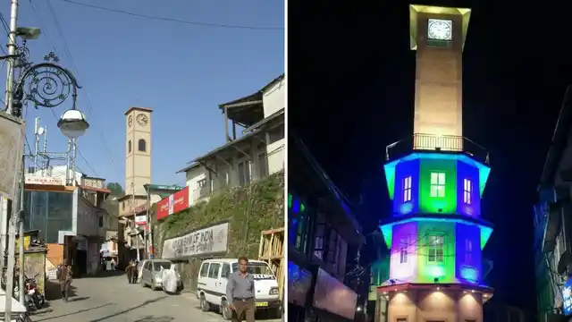 On the left, a photo of the clock tower as it used to be; on the right, the new one just constructed.