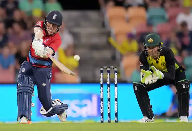 Eoin Morgan drives a ball during his innings.