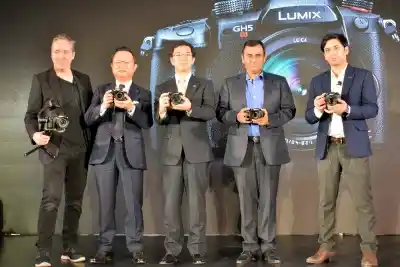 New Delhi: Panasonic Corporation Director - Imaging Business Yosuke Yamane (third from left) and other officials during the launch of LUMIX GH5S -- world