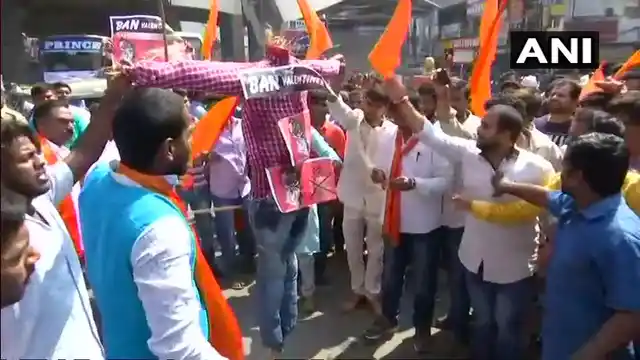 Bajrang Dal members protest against Valentine’s day in Hyderabad.