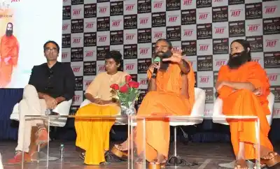 New Delhi: Yoga Guru Baba Ramdev with actor Kranti Prakash Jha and child artiste Naman Jain during a press conference on the launch of a biopic series