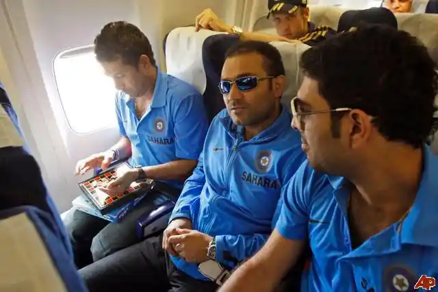 File photo of Sachin Tendulkar, Virender Sehwag and Yuvraj Singh in a flight.