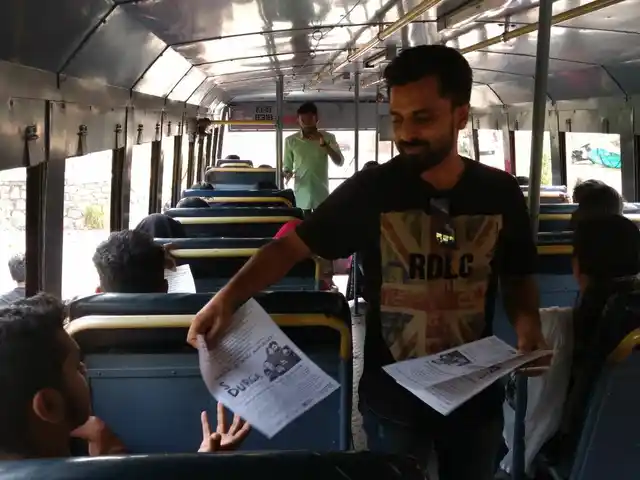 Kannan shows off his marketing skills in a public bus. 
