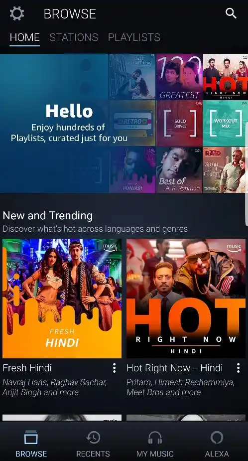 How the home page of the Amazon Music app looks