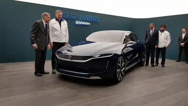 Ratan Tata at the unveiling of the E-Vision electric sedan. 