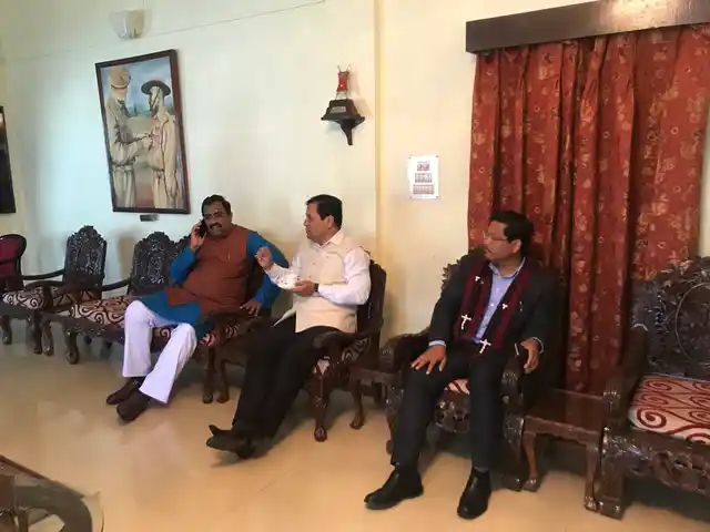BJP National General Secretary Ram Madhav, Arunachal Pradesh CM Pema Khandu and Meghalaya CM Conrad Sangma (Left to Right).