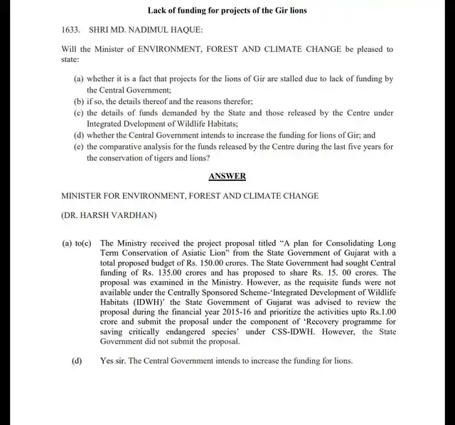Reply to West Bengal MP, Md Nadimul Haque’s query on fund allocation for lions