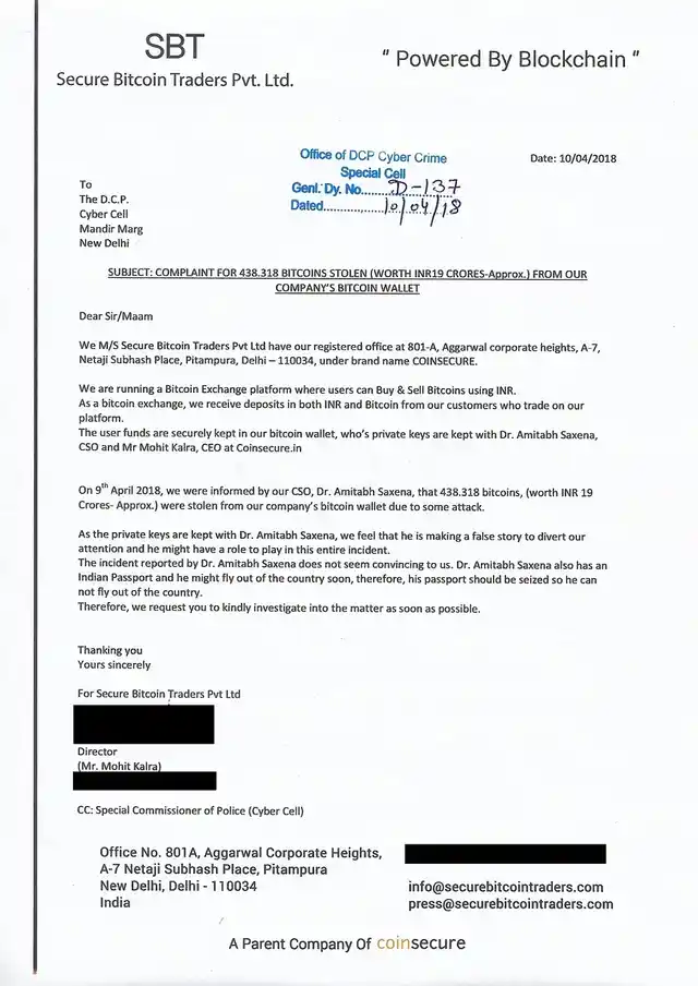 The FIR filed by Coinsecure with the Delhi Cyber Cell. 