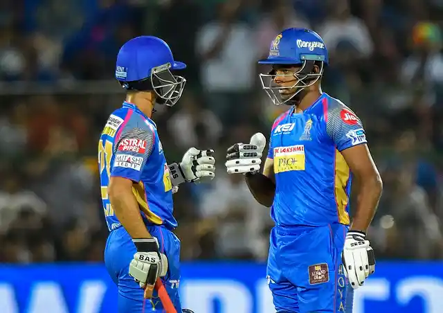 Jaipur: Rajasthan Royals Ajinkya Rahane and Sanju Samson during IPL 2018 cricket match against Delhi Daredevils at Sawai Mansingh Stadium in Jaipur on Wednesday