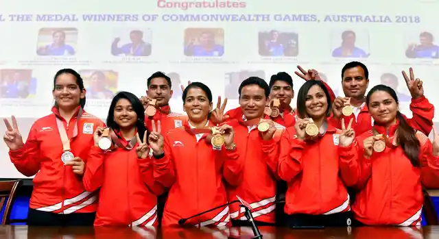 Tejaswini Sawant, Jitu Rai, Heena Sidhu, along with other Commonwealth Games medal winning shooters at a press conference in New Delhi on 17 April.