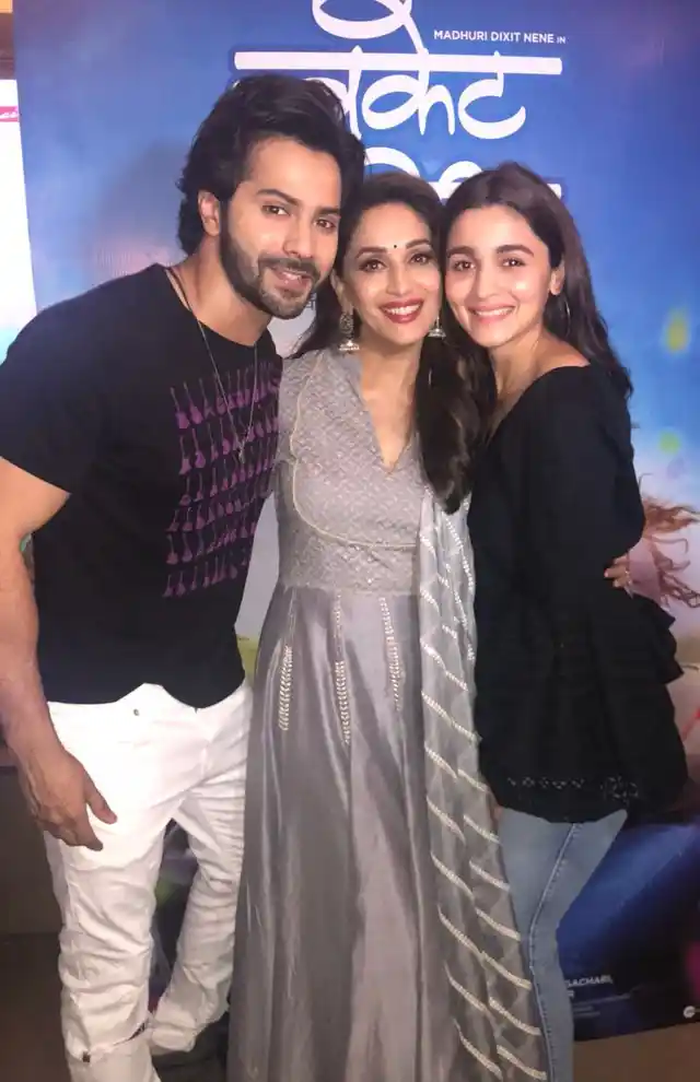 Varun and Alia with Madhuri at the screening. 