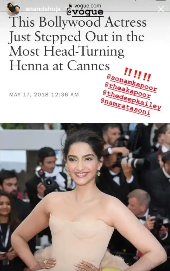 Anand Ahuja posted a picture of the digital version of Vogue commenting on Sonam’s ‘henna’. 