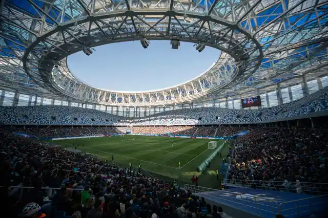 Having a capacity of 45,000, the Nizhny Novgorod Stadium has an artistic design.