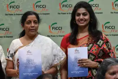 New Delhi: Defence Minister Nirmala Sitharaman with Pinky Reddy, President of FICCI Ladies Organisation (FLO) at the launch of Gender Parity Index report in New Delhi on May 7, 2018. (Photo: IANS)