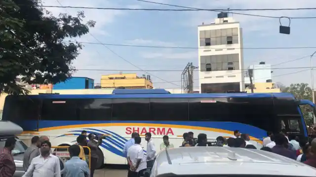A bus arrives at the Congress’ Bengaluru headquarters to take the MLAs to a resort