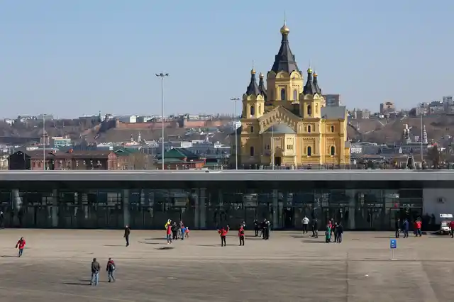The stadium at Nizhny Novgorod has a view of the St. Alexander Nevsky Cathedral.