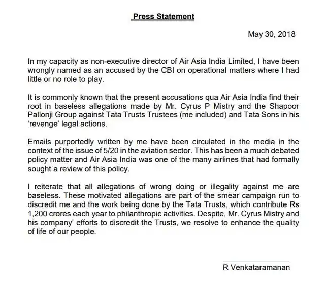 Press statement from R Venkataramanan