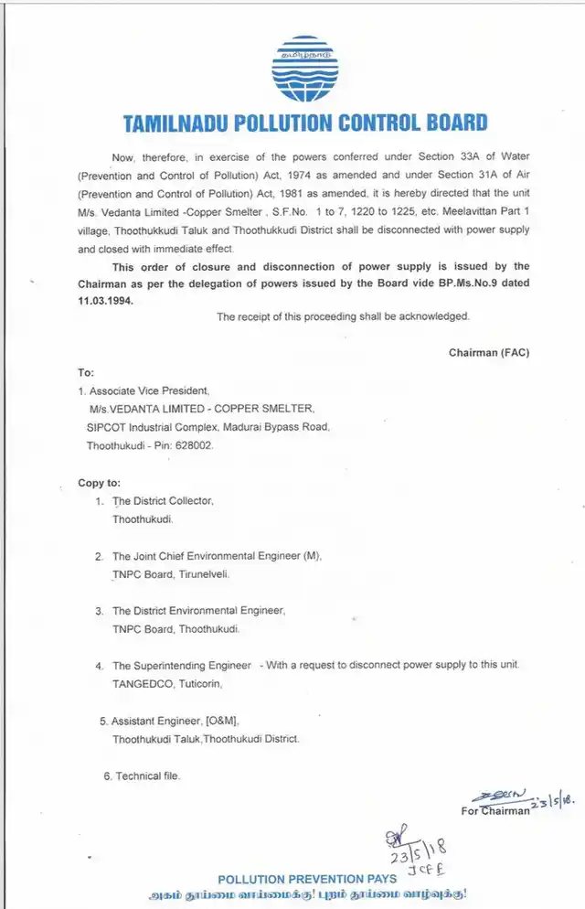 A Copy of the Tamil Nadu Pollution Board Order. 