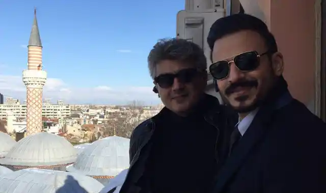 Vivek Oberoi with Tamil star Ajith on the sets of <i>Vivegam.</i>