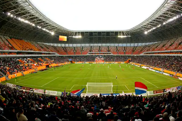 Having a capacity of 44,000, Saransk’s stadium is decorated in striking red and orange to echo traditional arts and crafts.