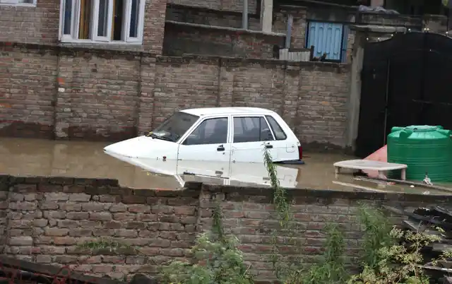 A car submerged on the streets of Srinagar.