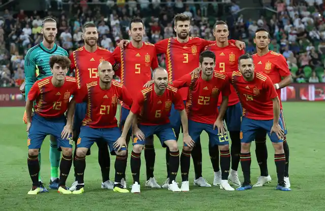 Spain’s team pose prior to a friendly soccer match between Spain and Tunisia in Krasnodar, Russia. 