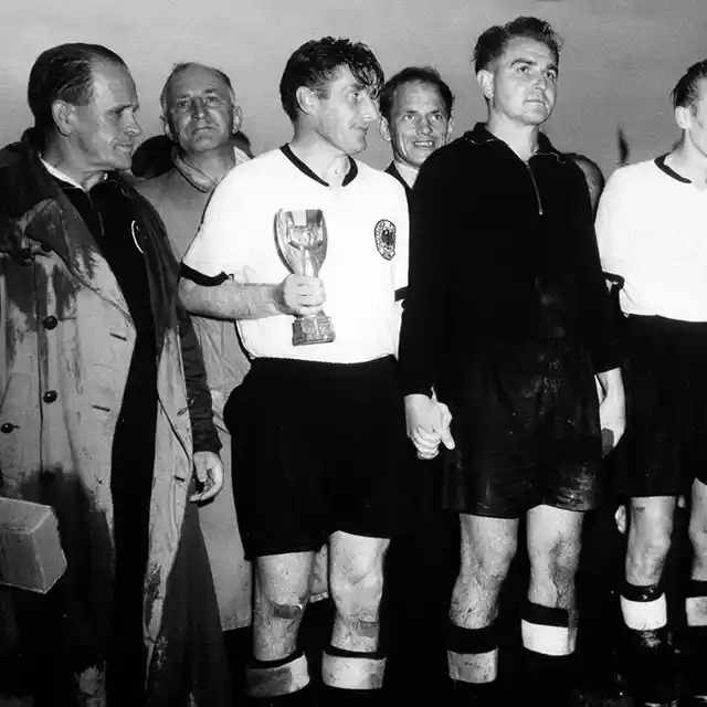 West Germany captain Fritz Walter with the Jules Rimet trophy after the “Miracle of Bern” in 1954.