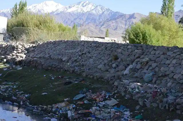 Garbage on the bank of Indus near Choglamsar in Ladakh.