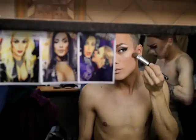 Andrei, who uses the stage name Star Vasha applies make up on before performing at a Gay club during the 2018 soccer World Cup in Yekaterinburg, Russia.