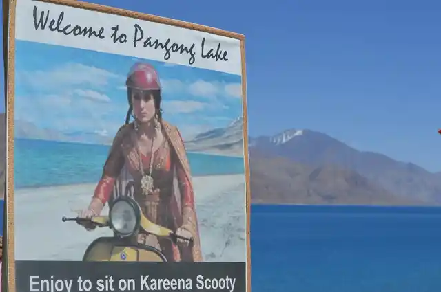A poster of the movie “3 Idiots”. Such posters have helped popularise Pangong Lake for Indian tourists who now throng to the place in hordes. 