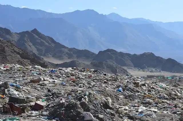 Solid waste lying at a large dump site, Bomgard, near Leh town. Locals said that waste often gets carried away by the wind and some of it ends up in the Indus.