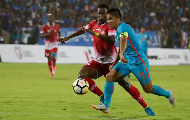 Sunil Chhetri takes the ball forward during the Intercontinental Cup final.