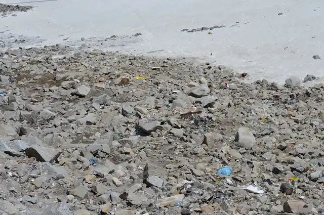 Plastic waste littering a ridge near Khardung La pass, where tourists pass through to Nubra Valley and Pangong Lake.