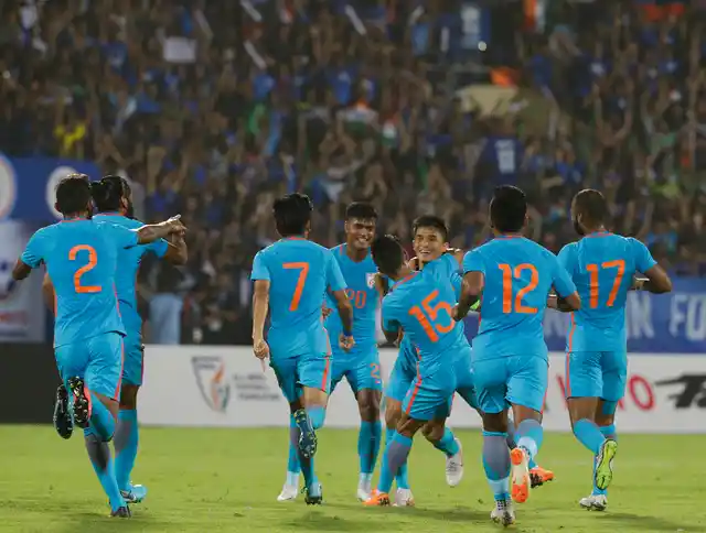 Chhetri celebrates a goal with his teammates.