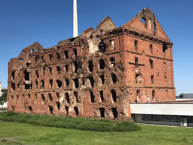 This photo taken on Sunday, June 17, 2018, shows the Panorama Museum in Volgograd, built next to the gutted remains of a ruined mill. 