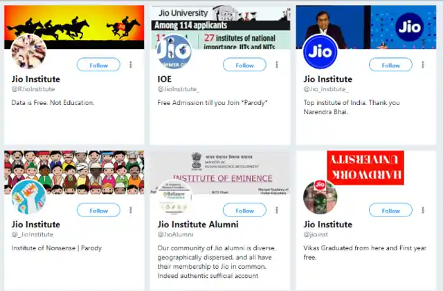 Parody accounts of Jio Institute crop up on Twitter.