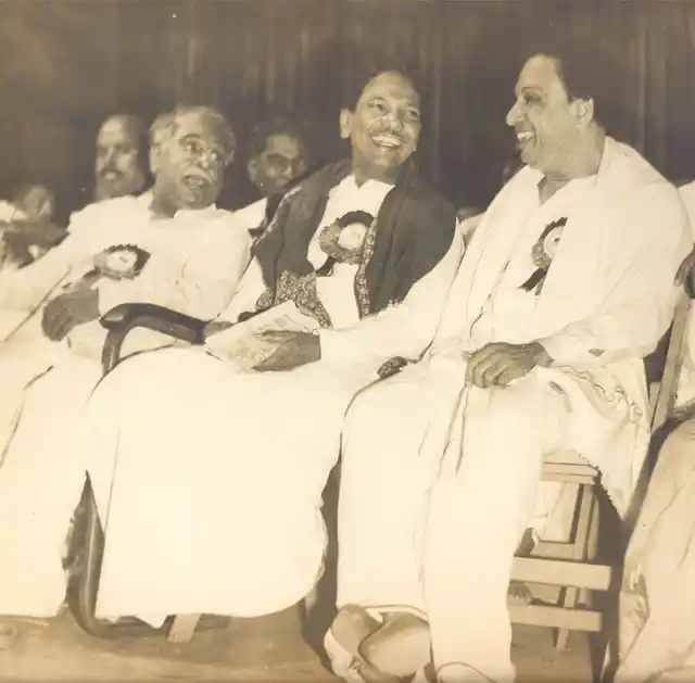 Karunanidhi (centre) with CN Annadurai (left) and MG Ramachandran (right).