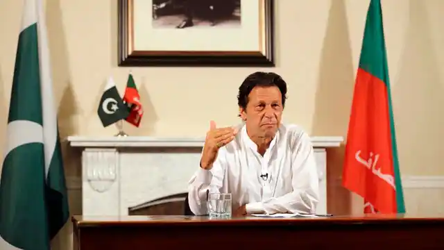 Pakistani politician Imran Khan, chief of Pakistan Tehreek-e-Insaf party, delivers his address declaring victory in Pakistan elections.