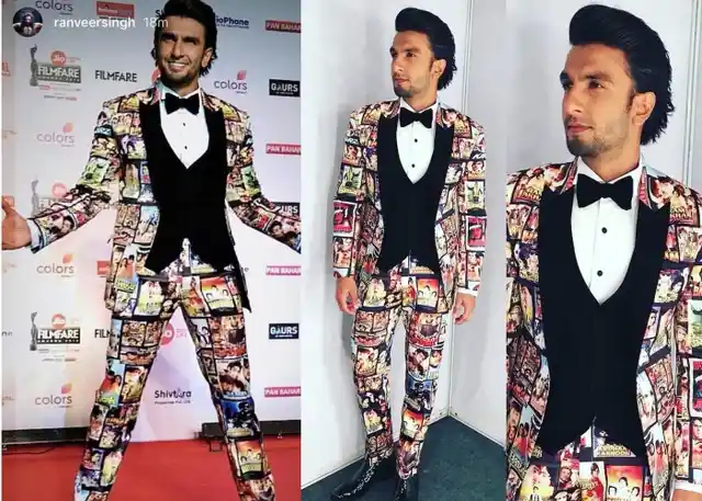 Ranveer Singh donned a Bollywood posters-print suit for the Filmfare Awards in 2017. 