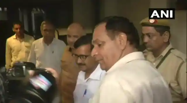 Arvind Kejriwal at Congress leader P Chidambaram’s residence. 