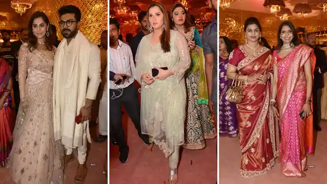 (L to R) Ram Charan and his wife Upasana, Sania Mirza, Pinky Reddy poses with Sangita Reddy during Shriya Bhupal and Anindith Reddy’s wedding ceremony.