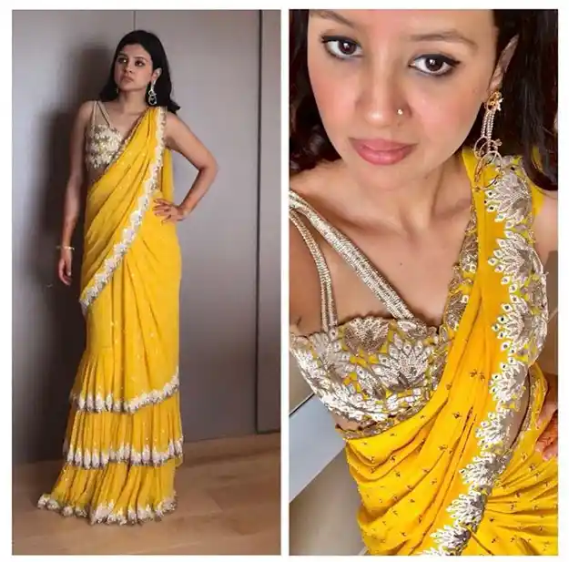 Sakshi Singh Dhoni kicks off her bestie’s wedding celebrations in a sunshine yellow customised Arpita Mehta ensemble.