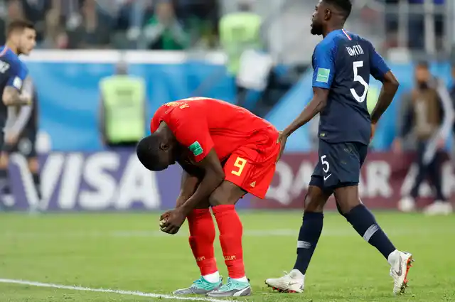 Belgium’s Romelu Lukaku reacts after missing a scoring chance during the semifinal match between France and Belgium at the 2018 FIFA World Cup in the St. Petersburg Stadium, in St. Petersburg, Russia.